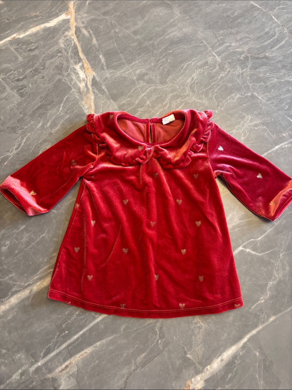 H&M Red Velvet Long-Sleeve Top with Ruffle Collar and Heart Print